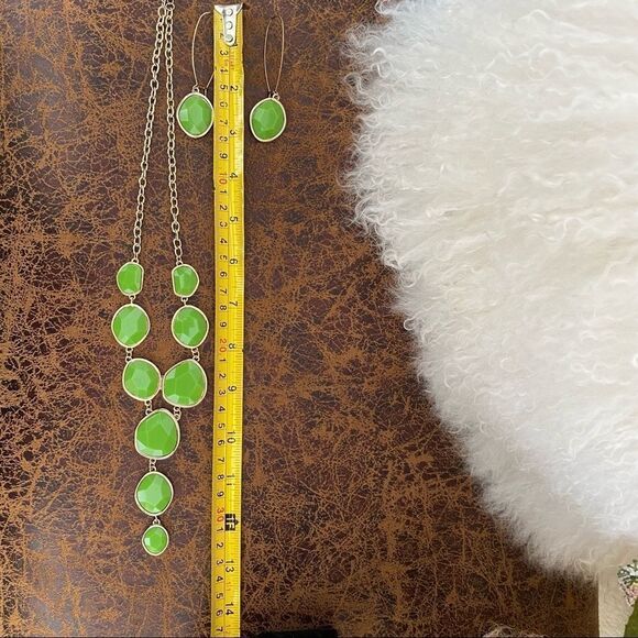 Jewelry Necklace and Earring Set Green Faux Gem Y Shaped Necklace Dangle Earring - Picture 10 of 15